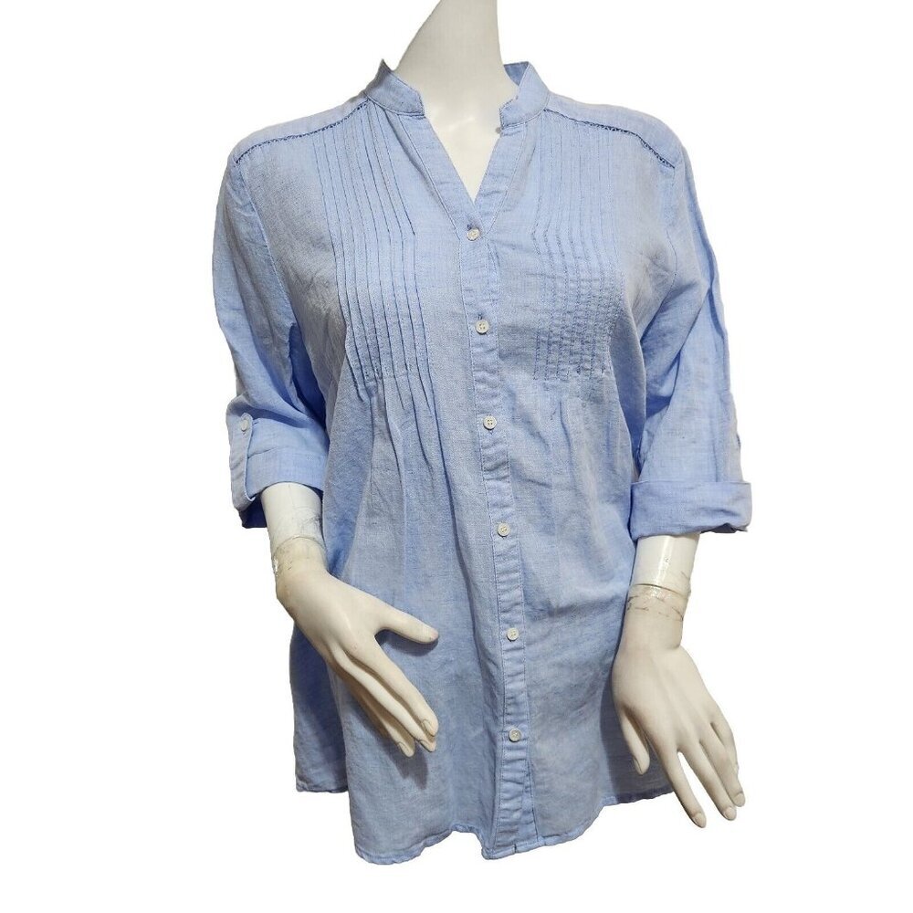 J McLaughlin Women's Riviera Linen Cotton Blend Blue Blouse Top size M (CJ6)